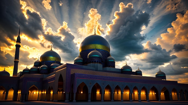 Una mezquita con un cielo nublado al fondo.