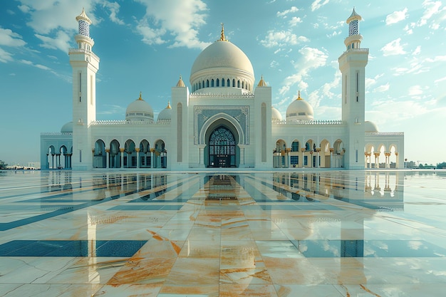 una mezquita con un cielo nublado y el reflejo de un edificio