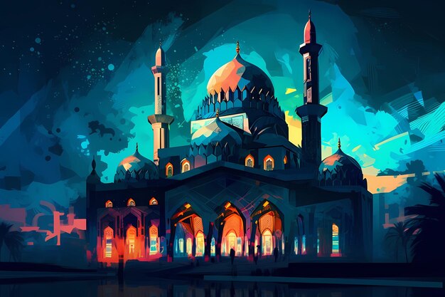 Una mezquita con colores vibrantes y patrones intrincados ilustración de arte digital