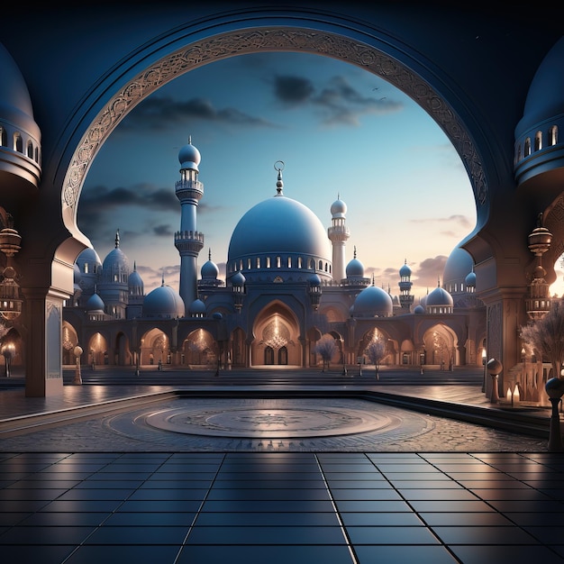 una mezquita con una cúpula azul y una mezquita azul en el fondo