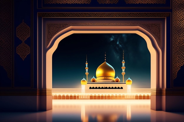 Una mezquita con una cúpula dorada y un cielo azul oscuro