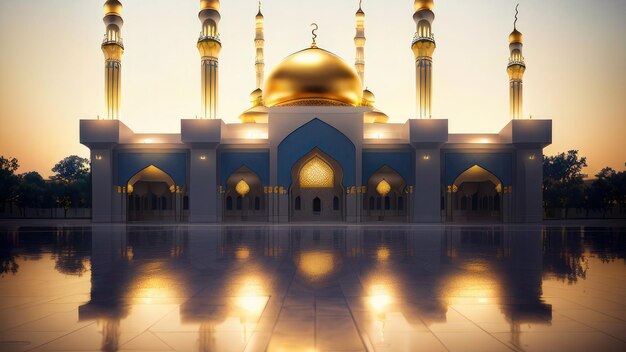Una mezquita con una cúpula dorada y las palabras 'al - muharra' en el frente