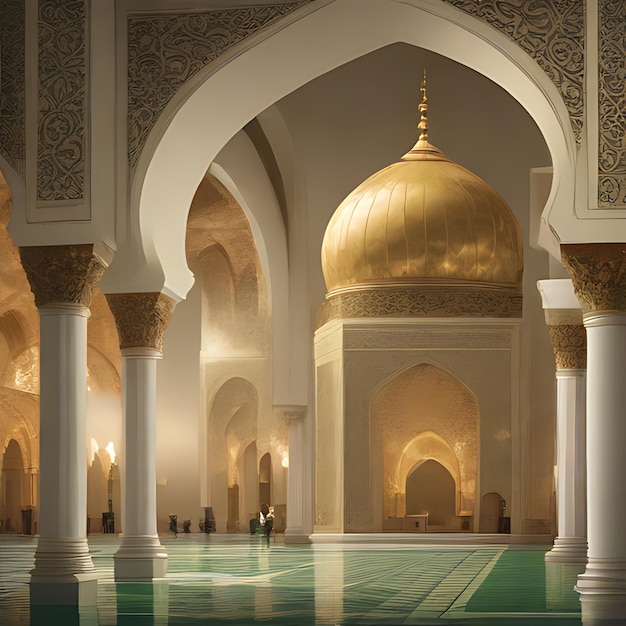 una mezquita con una cúpula de oro y una gran piscina de agua