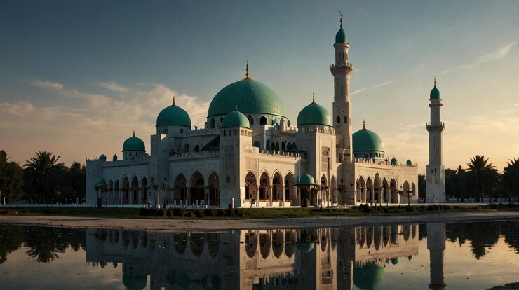una mezquita con una cúpula verde y un reflejo de un edificio en el agua