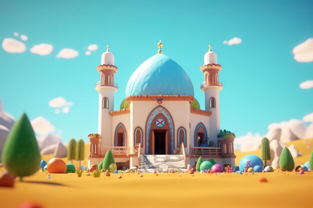 Mezquita de dibujos animados en 3D al estilo Pixar para el Ramadán