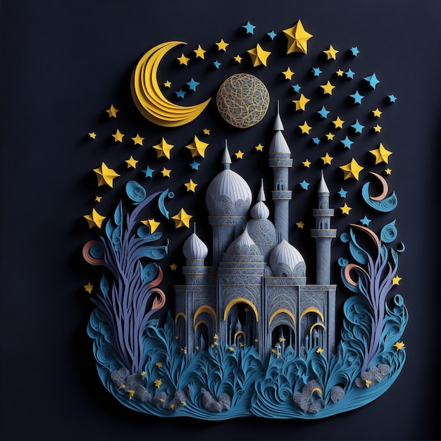 Mezquita con diseño de estilo papercut y estrella de adorno y luna