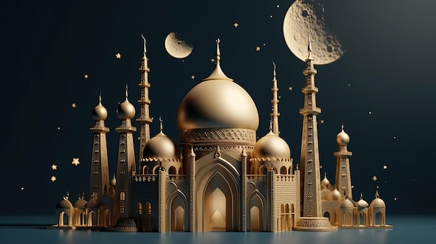 Una mezquita dorada en un espacio oscuro con luna y estrellas.