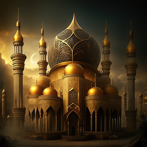 Una mezquita dorada hecha de oro, con un cielo dramático, Ramadhan lebaran fitri