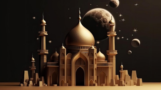 Una mezquita dorada con una luna y estrellas detrás