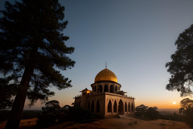 Mezquita edificio torre alta cúpula dorada niebla épica amanecer bandada de pájaros iluminación espectacular