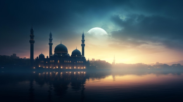 Mezquita de Eid alAdha a la luz de la luna en el desierto