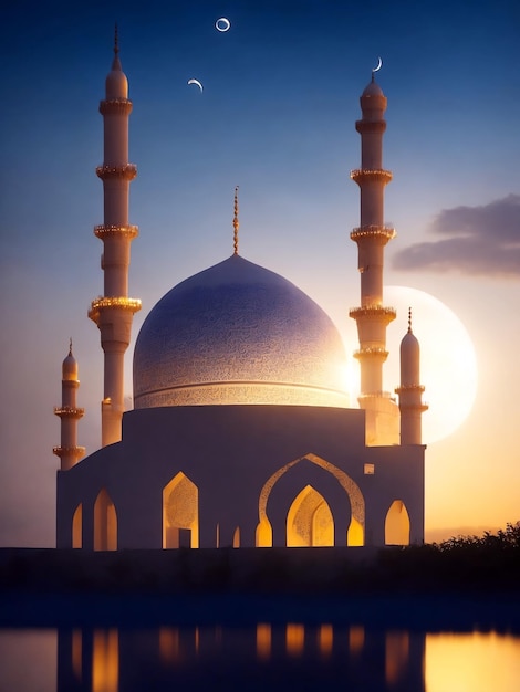 Mezquita eid mubarak en la noche con fondo de luz solar