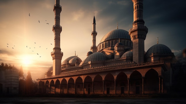 Una mezquita en estambul al atardecer con la puesta de sol detrás de ella.