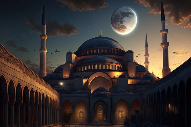 Mezquita de Estambul Turquía Hagia Sophia en la luz del amanecer con una luna nueva en el cielo