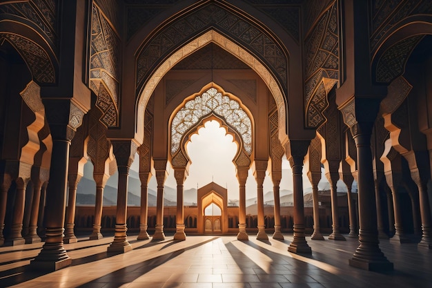 Una mezquita con un gran arco y un sol brillando sobre ella.