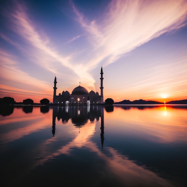 Una mezquita se ilumina al atardecer con la puesta de sol detrás de ella.