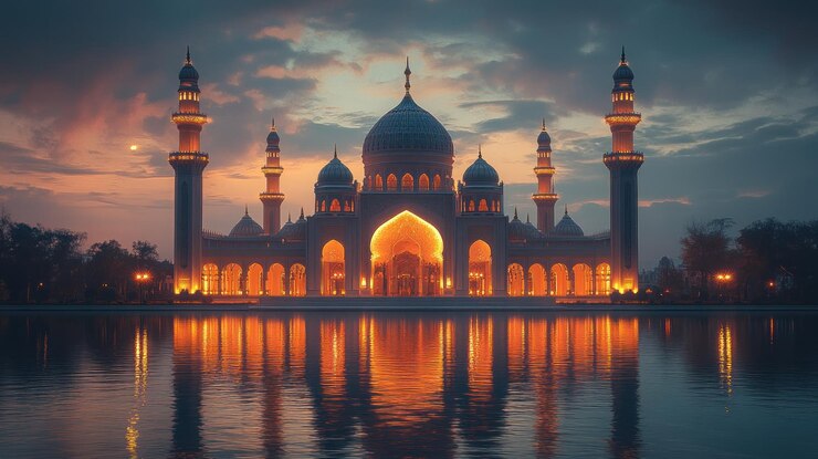 La mezquita iluminada al atardecer se refleja en el agua
