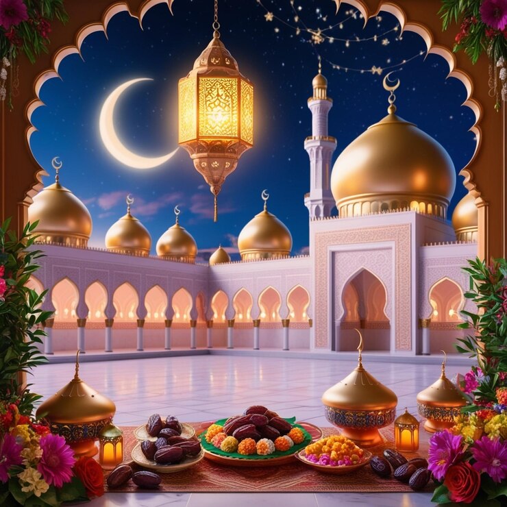 Mezquita iluminada con media luna y decoraciones festivas para el Ramadán