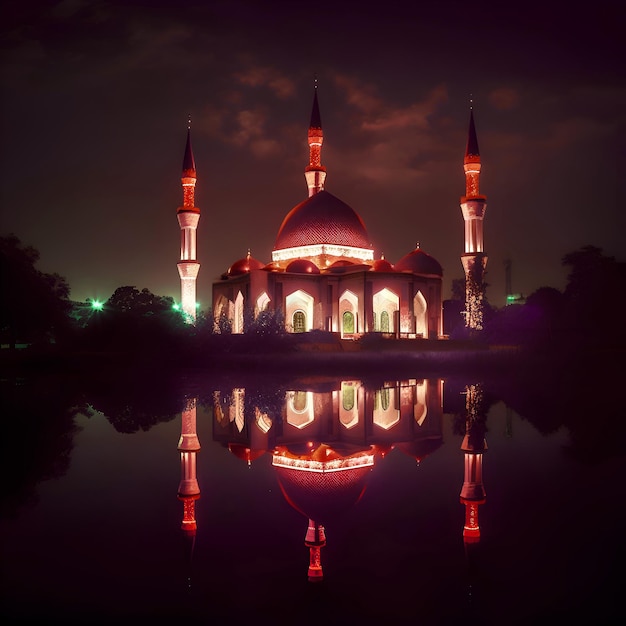 Mezquita iluminada con reflejo en el agua por la noche en Estambul