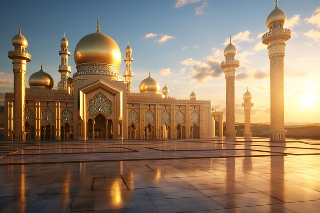 Foto mezquita islámica bañada en la luz dorada del sol