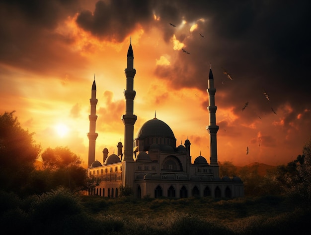 Mezquita islámica dramática puesta de sol mezquita en un campo con una puesta de sol y nubes
