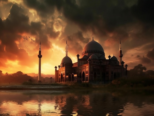 Mezquita islámica espectacular puesta de sol mezquita con un cielo nublado y un cielo nublado