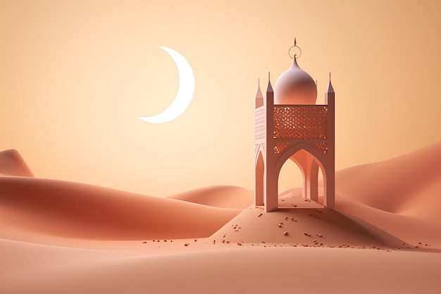 Mezquita islámica y luna creciente en el desierto Ramadan Kareem IA generativa