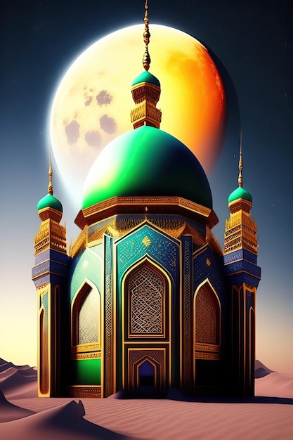 Mezquita islámica en la luna para el mes sagrado de la comunidad musulmana celebración del Ramadán Kareem