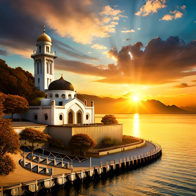 Una mezquita islámica en el mar con puesta de sol