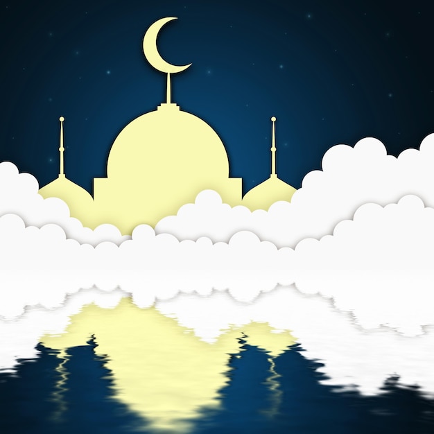 Mezquita islámica en las nubes del cielo nocturno, Mubarak, Ramadan Kareem. Silueta de símbolos de vacaciones, estilo de papel de arte