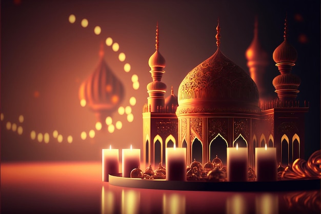 Mezquita islámica ramadan kareem, saludo eid mubarak con tecnología generativa ai