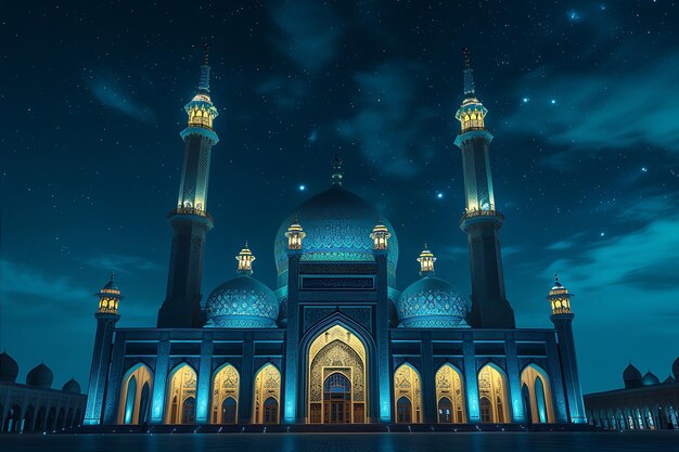 Foto mezquita islámica bajo la vista nocturna estrellada