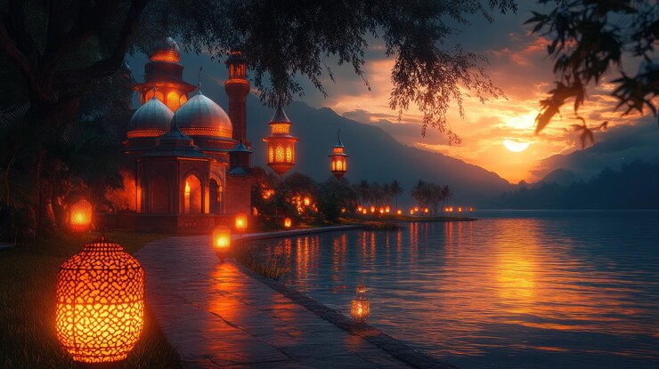Mezquita junto a un lago al atardecer con una cálida luz dorada iluminando el camino y los edificios