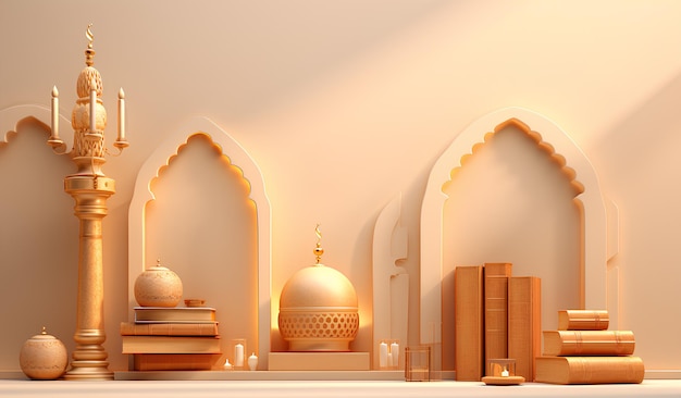 una mezquita y libros religiosos dorados en una esquina en el estilo de naranja claro y bronce claro