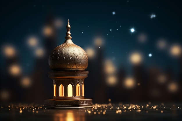 Mezquita con linterna dorada y luces bokeh Fondo de Ramadán Kareem
