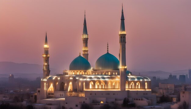 una mezquita con las luces en ella