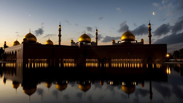Una mezquita con las luces reflejadas en el agua.