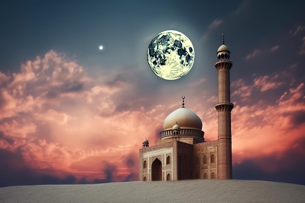 Una mezquita con la luna al fondo