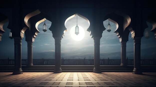 Una mezquita con una luna al fondo.