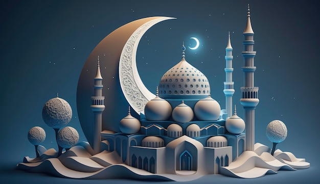 Mezquita y luna azul fondo 3d render Generar Ai