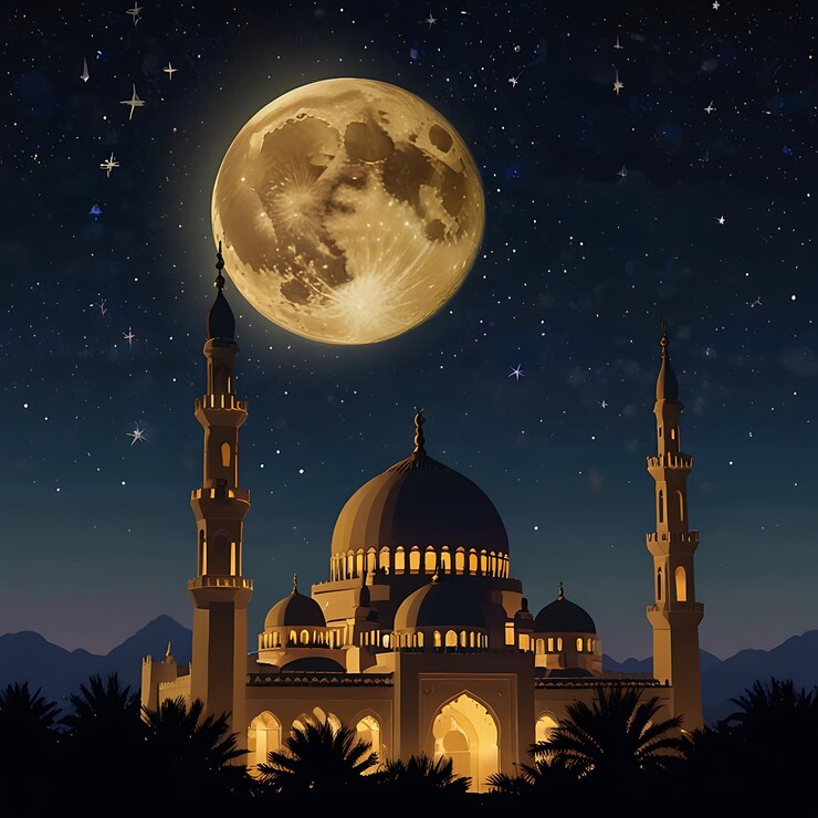 una mezquita con una luna y un cielo azul con la luna en el fondo