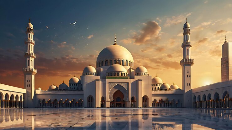 una mezquita con una luna en el cielo y nubes en el fondo