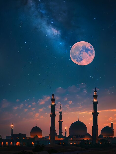 Una mezquita con la luna en el cielo