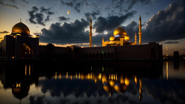 Una mezquita con una luna en el cielo.