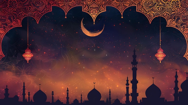 una mezquita con una luna creciente en el fondo
