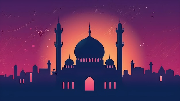 Mezquita y luna en estilo de arte de papel Ramadán y temporada de eid adha