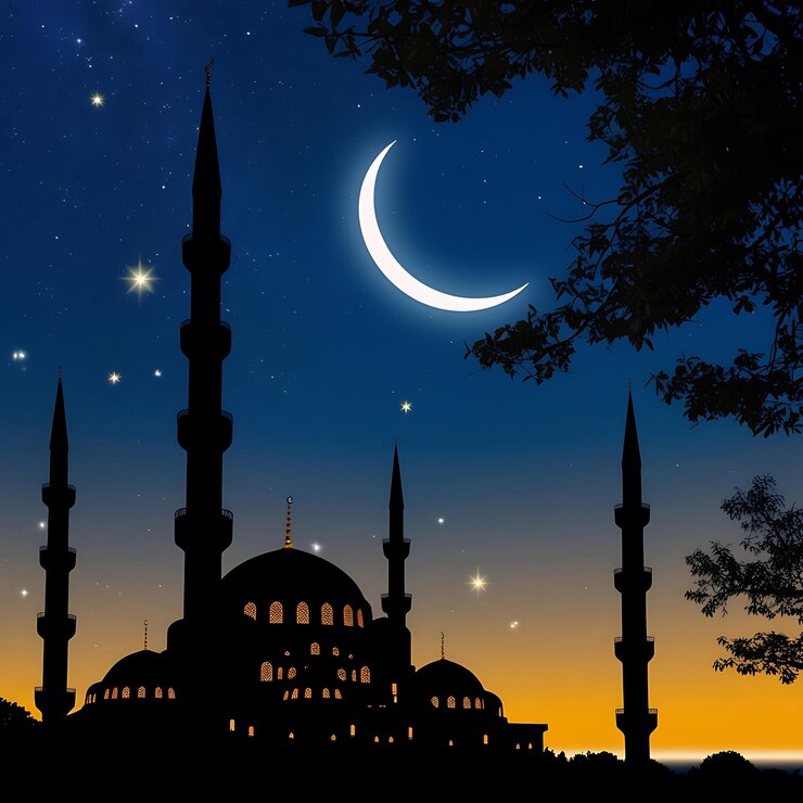 una mezquita con una luna y estrellas en el cielo