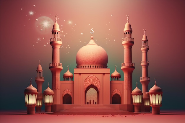 Una mezquita con una luna y estrellas sobre un fondo rosa ai generativo