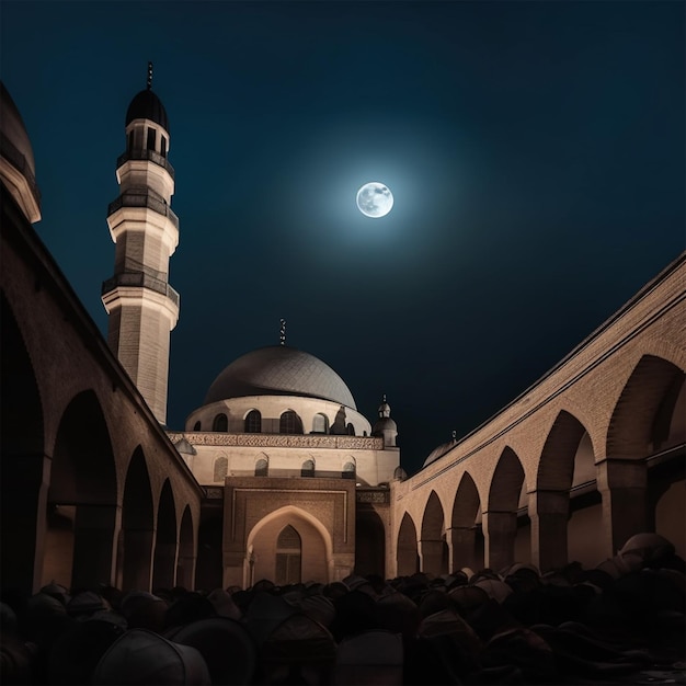 Una mezquita con una luna en el fondo