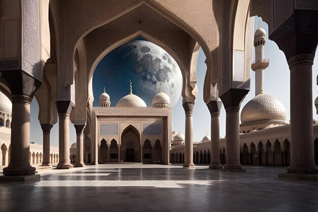 una mezquita con la luna en el fondo